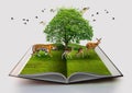 Wildlife Conservation tiger Deer Bird environment book of nature isolated on white open book in paper recycling 3d rendering book Royalty Free Stock Photo