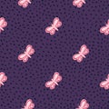 Wildlife creative seamless pattern with doodle pink folk butterfly print. Purple dotted background
