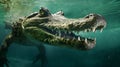 Wildlife crocodile green underwater photography. Open jaw reptile teeth. Dangerous animal river mangrove forest close up