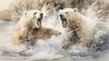 Wildlife dynamics: two roaring polar bears in an aggressive encounter, surrounded by spray, watercolor Royalty Free Stock Photo