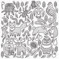 Wildlife forest animals. Fox, hare, bear. Cute outline doodles. Vector illustration.