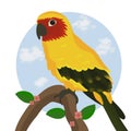 Wildlife illustration red yellow parrot perched on a branch leaf and flower