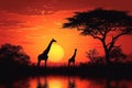 Wildlife liberty Giraffe silhouettes in savanna at sunset, vector illustration Royalty Free Stock Photo