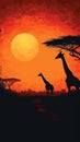 Wildlife liberty Giraffe silhouettes in savanna at sunset, vector illustration Royalty Free Stock Photo