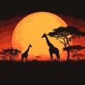 Wildlife liberty Giraffe silhouettes in savanna at sunset, vector illustration Royalty Free Stock Photo