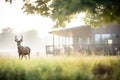 wildlife near cabin, deer grazing in morning mist Royalty Free Stock Photo