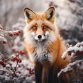 Wildlife photograph of a fox with red fur in nature wilderness in winter