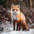 Wildlife photograph of a fox with red fur in nature wilderness in winter