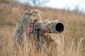 Wildlife photographer in the ghillie suit working Royalty Free Stock Photo