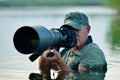 Wildlife photographer outdoor, standing in the water