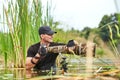 Wildlife photographer outdoor, standing in the water. Wildlife photographer in summer time working in the wild. Wildlife Royalty Free Stock Photo