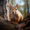 wildlife photography of a red squirrel on a wooden tree branch, staring directly forward, Royalty Free Stock Photo