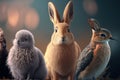 Wildlife portrait, rabbit and birds, four animals