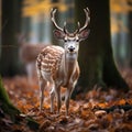 Wildlife scene European fallow deer in the enchanting autumn forest