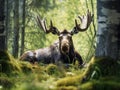 Wildlife scene from Moose lying in grass under North or Eurasian Alces alces in the
