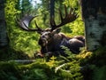 Wildlife scene from Sweden. Moose lying in grass under trees. Moose North America or Eurasian elk Eurasia Alces alces in the
