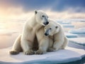 Wildlife scene with two polar bears from the Arctic. Polar bear couple cuddling on drift ice in Arctic Svalbard. Bear with snow Royalty Free Stock Photo