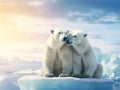 Wildlife scene with two polar bears from the Arctic. Polar bear couple cuddling on drift ice in Arctic Svalbard. Bear with snow Royalty Free Stock Photo