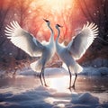 Wildlife scene from winter Asia. Two bird in flight.Two cranes in fly with swans. Flying white birds Red-crowned crane Grus Royalty Free Stock Photo