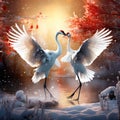 Wildlife scene from winter Asia. Two bird in flight.Two cranes in fly with swans. Flying white birds Red-crowned crane Grus Royalty Free Stock Photo