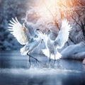 Wildlife scene from winter Two bird in cranes in fly with Flying white birds Grus Royalty Free Stock Photo