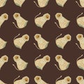 Wildlife seamless animal pattern with beige hand drawn lion shapes. Brown background. Kids style Royalty Free Stock Photo