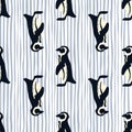 Wildlife seamless pattern with cartoon animal penguin print. White and blue striped background