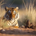 wildlife tiger crouching looking in the distance - AI MidJourney Royalty Free Stock Photo