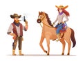 Wildlife western cowboy holding gun and cowgirl riding horse Royalty Free Stock Photo