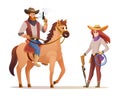 Wildlife western cowboy holding gun while riding horse and cowgirl holding rifle gun