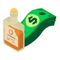 Wildwest concept icon isometric vector. Whiskey bottle and stack of dollar bill