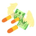 Wildwest icon isometric vector. Dollar bill with wing three flying bullet icon