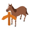 Wildwest icon isometric vector. Standing wild bay horse near wooden road sign
