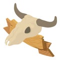 Wildwest symbol icon isometric vector. Big buffalo skull near wooden signboard