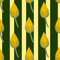 Wilflife asian botany seamless pattern with doodle lotus bud elements. Yellow flowers and striped background Royalty Free Stock Photo