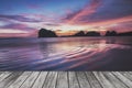 Wilight seascape on wood floor. Royalty Free Stock Photo