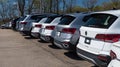 Wilkins Township, Pennsylvania, USA April 16, 2023 A line of new Volkswagens for sale at a dealership
