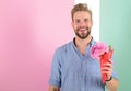 She will be mine Man ready for date bring pink flowers. Boyfriend confident holds bouquet waiting for date. Guy bring Royalty Free Stock Photo