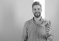 She will be mine Man ready for date bring pink flowers. Boyfriend confident holds bouquet waiting for date. Guy bring Royalty Free Stock Photo