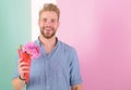 She will be mine Man ready for date bring pink flowers. Boyfriend confident holds bouquet waiting for date. Guy bring Royalty Free Stock Photo