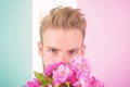 She will be mine Man ready for date bring pink flowers. Boyfriend confident holds bouquet waiting for date. Macho holds Royalty Free Stock Photo