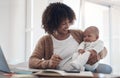 Will break for baby talk. a young woman using a laptop while caring for her adorable baby girl at home. Royalty Free Stock Photo