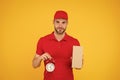 Will deliver at agreed time. Timeliness guarantee. Promptness and punctuality. Delivery time. Delivery courier with Royalty Free Stock Photo