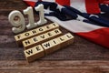 911 We will Never Forget Word alphabet letters on wooden background Royalty Free Stock Photo