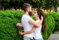 He will never let her go. Man fall in love with gorgeous girl. Man bearded hipster hugs woman. Strong romantic feelings Royalty Free Stock Photo