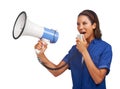 We will not stand for this. An angry african-american woman shouting into a megaphone while isolated on a white Royalty Free Stock Photo