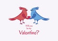Will you be my Valentine greeting card with couple of cute birds vector