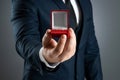 Will you marry me, A man in a business suit holds out in his hand a red box with a wedding ring. Concept of marriage proposal, Royalty Free Stock Photo