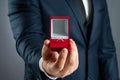 Will you marry me, A man in a business suit holds out in his hand a red box with a wedding ring. Concept of marriage proposal, Royalty Free Stock Photo