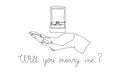 Will you marry me one line art. Continuous line drawing of hand holding a box with an engagement ring, propose.